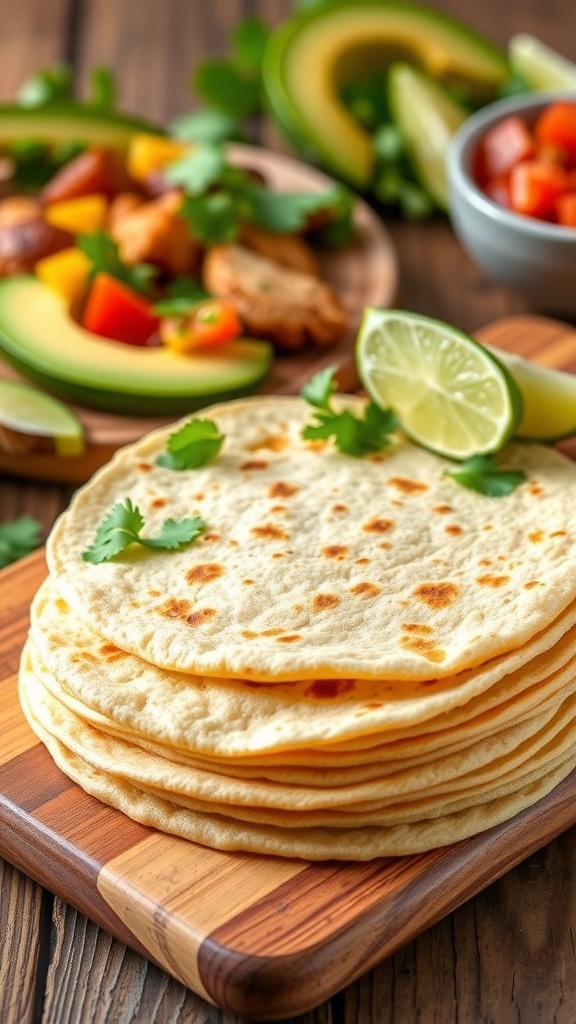 A stack of soft keto tortillas on a cutting board, garnished with cilantro and lime, with fillings in the background.